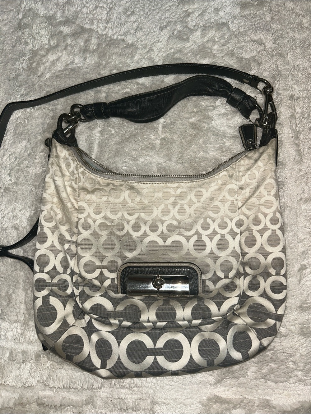 Coach Cream and Gray Signature Hobo Shoulder Bag